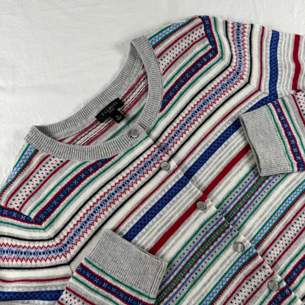Talbots Women's Size SP Gray Fair Isle Striped Button Front Cardigan Sweater